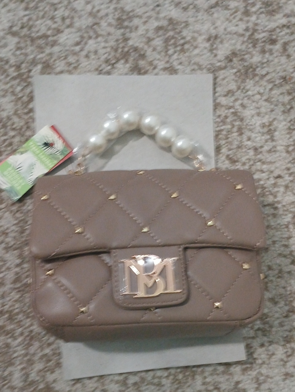 Badgley Mischka Taupe Quilted Crossbody Bag with Pearl Handle